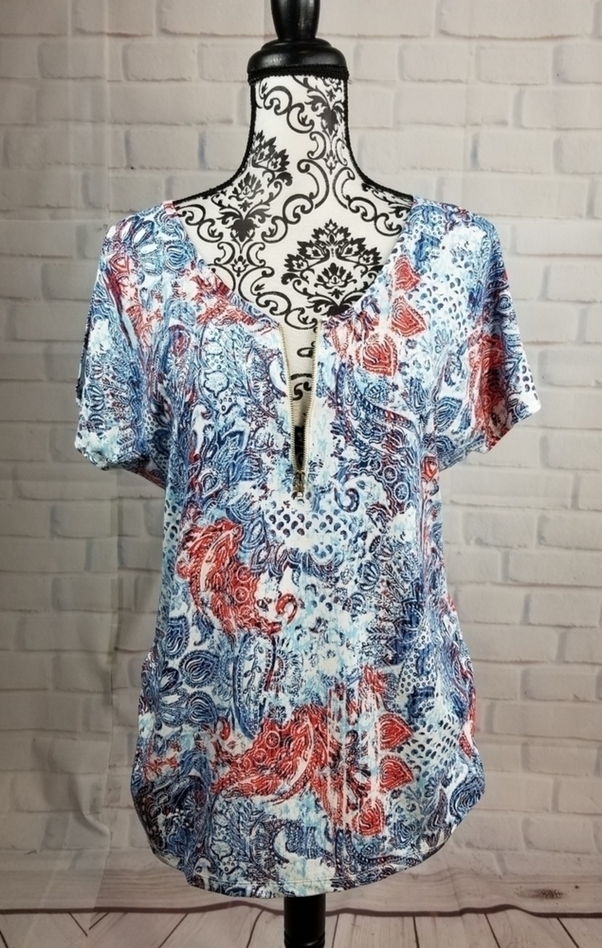 Espresso paisley print 1/2 zip front top size l